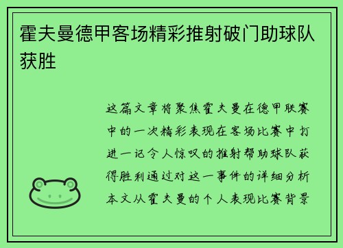 霍夫曼德甲客场精彩推射破门助球队获胜