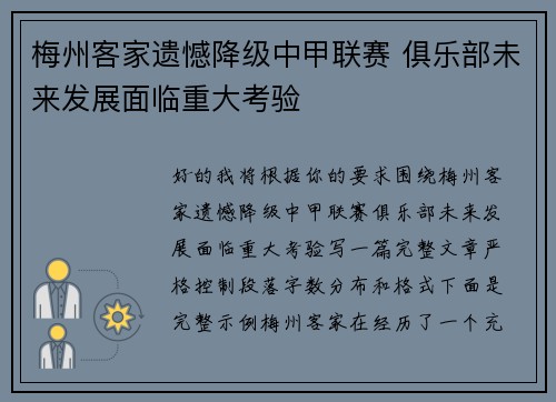 梅州客家遗憾降级中甲联赛 俱乐部未来发展面临重大考验 梅州客家遗憾降级中甲联赛 俱乐部未来发展面临重大考验